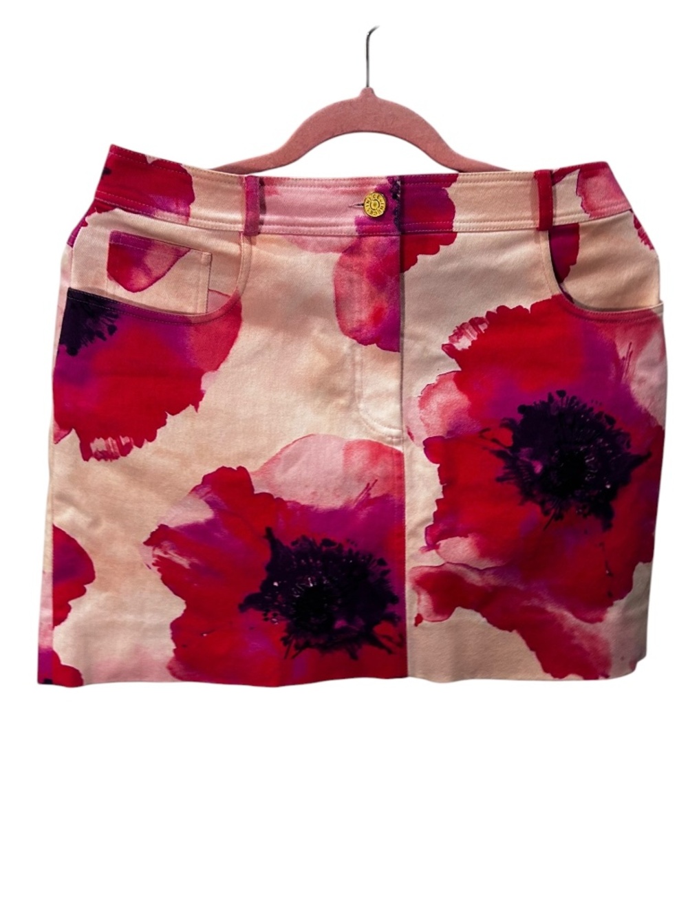 CELINE Paris France pink red poppy print denim mini skirt 40 US 6/8